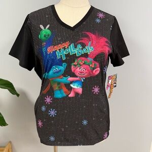 NWT Trolls Christmas Cherokee Scrub Top L Happy Holla Days Scrubs Uniform Nurse